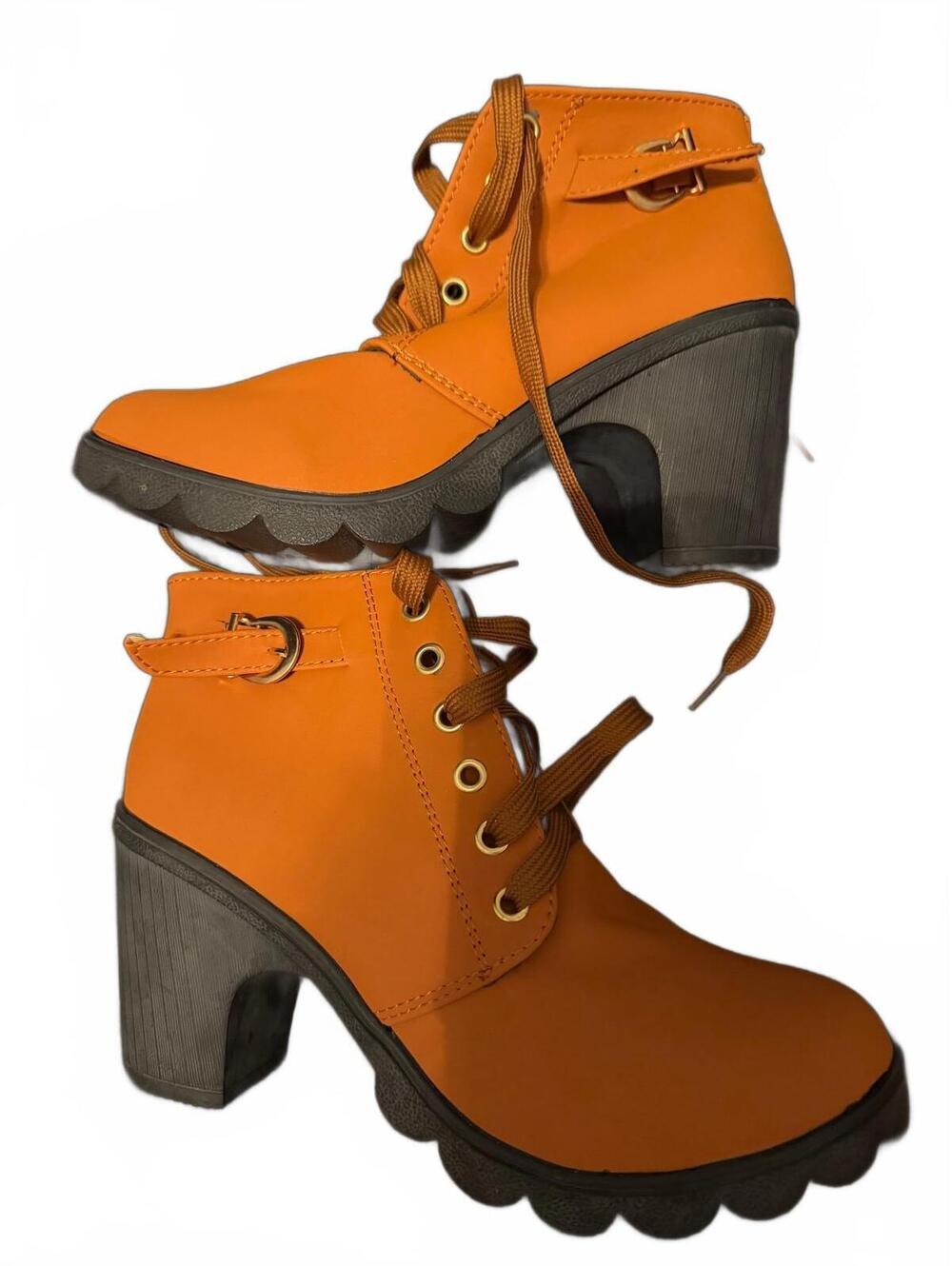 Orange Lace-Up Ankle Boots with Chunky Heel Buckle Strap y2k